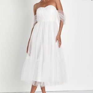 Lulus Divine Dreamer White Tulle Off-the-Shoulder Tiered Midi Dress